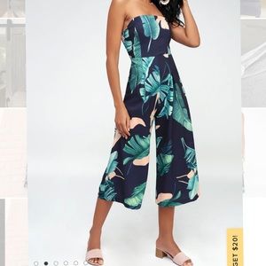Lulu’s Rainforest Blooms Navy Blue Print Strapless Midi Jumpsuit